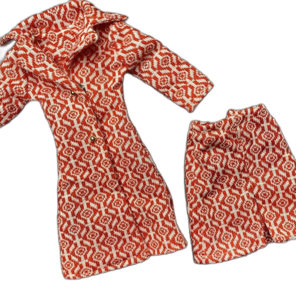 Vintage 1970s Barbie Clone Fashion Set Hong Kong Coat Skirt Geometric Red White
